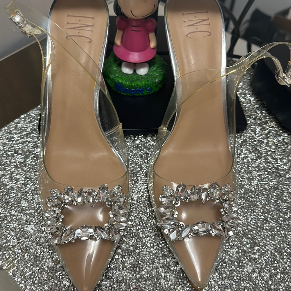 I.N.C.Vinyl Slingback Pumps with Toe Embellishment and Silver Heal